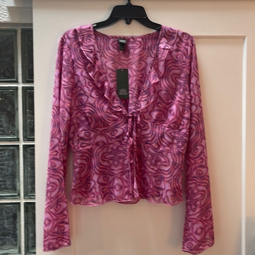 WILD fable, womens XL long sleeve sheer top, pink, two ties at front, NWT